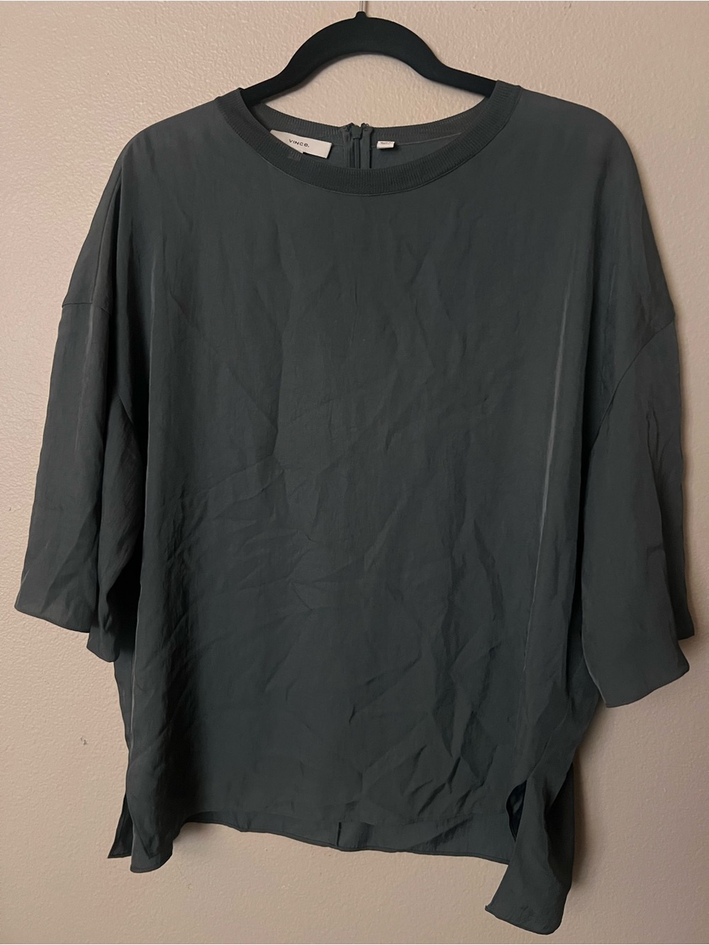 Vince Boxy Dark Blue Short Sleeve silky top with ribbed accents